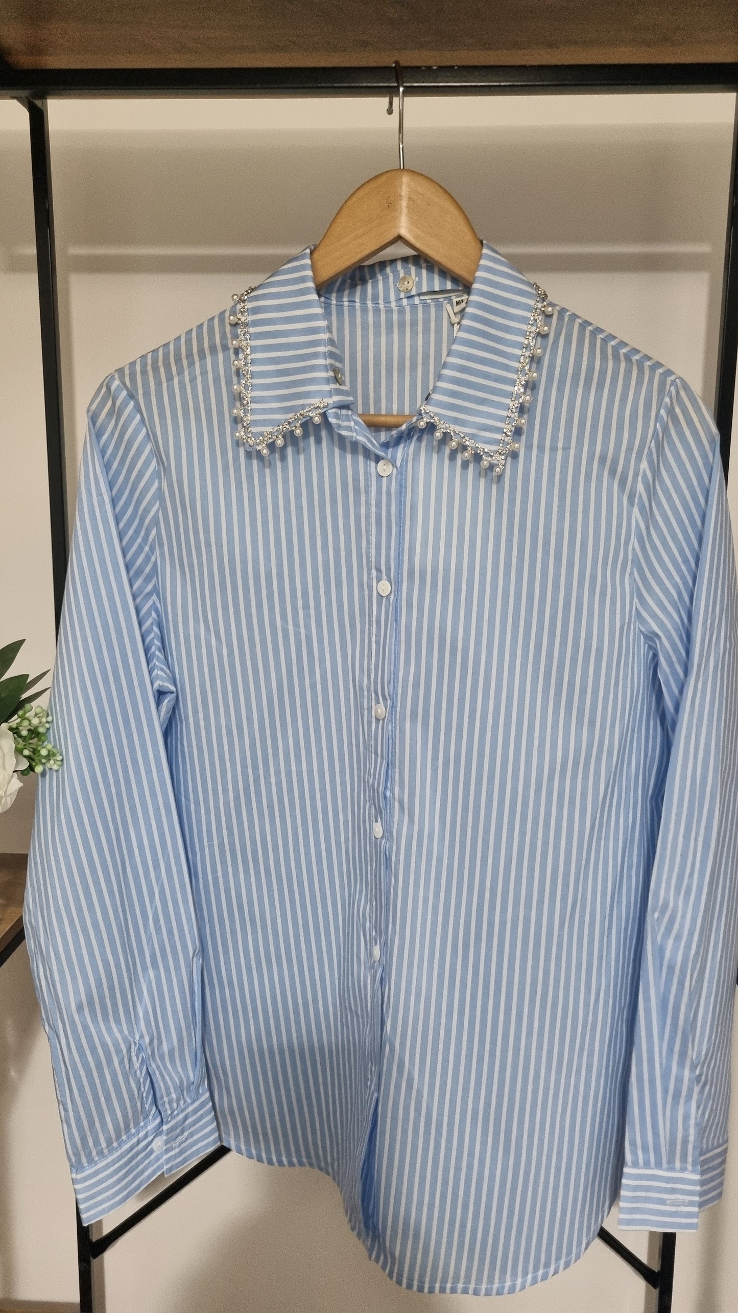 Fern-Striped-Shirt-Diamante-Collar-Blue