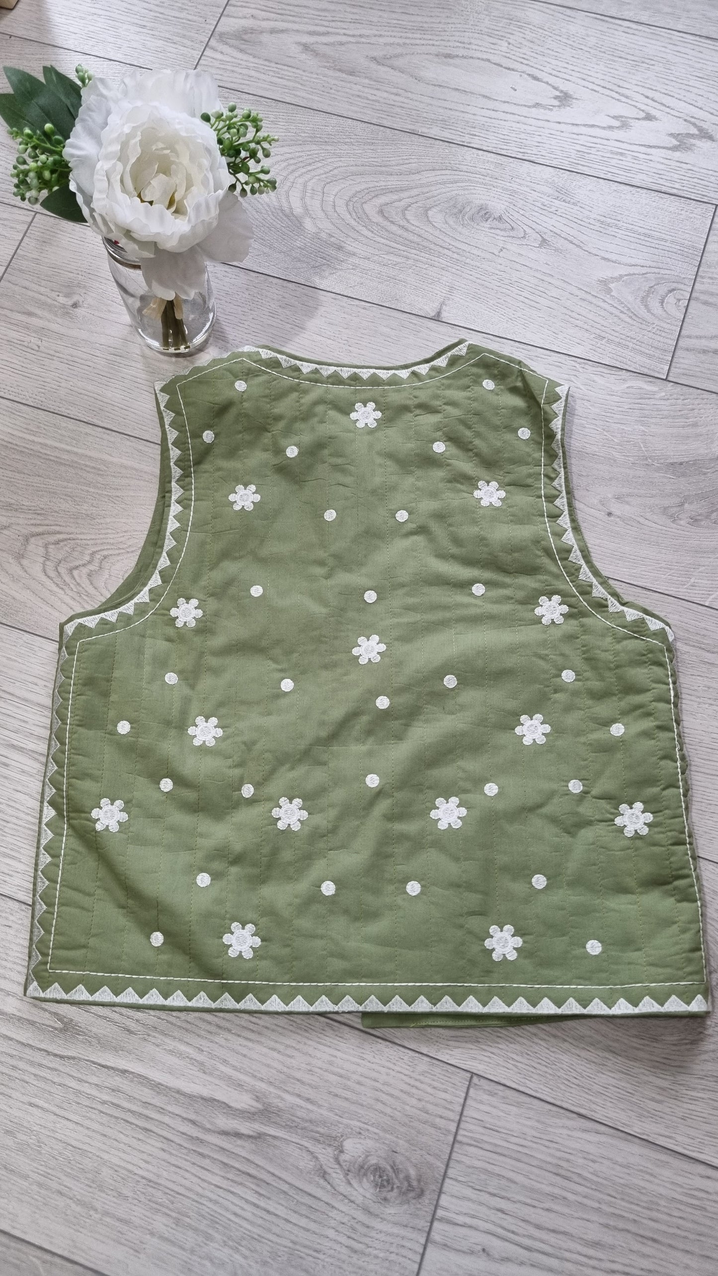 Jazzy Embroidered Daisy Waistcoat Khaki