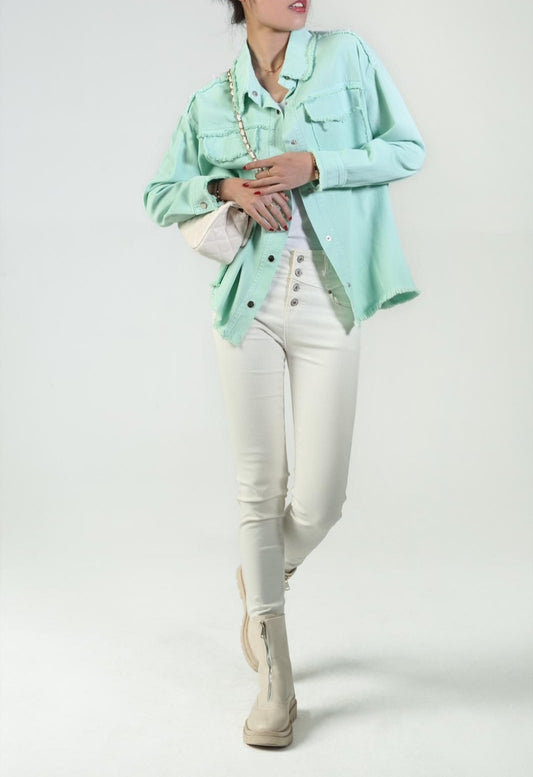 Ally Frayed Hem Denim Shirt in Mint Green