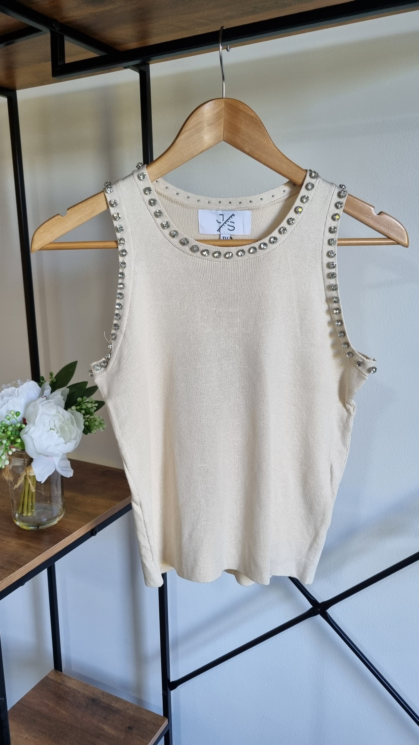 Jolie Diamante Tank Top Cream