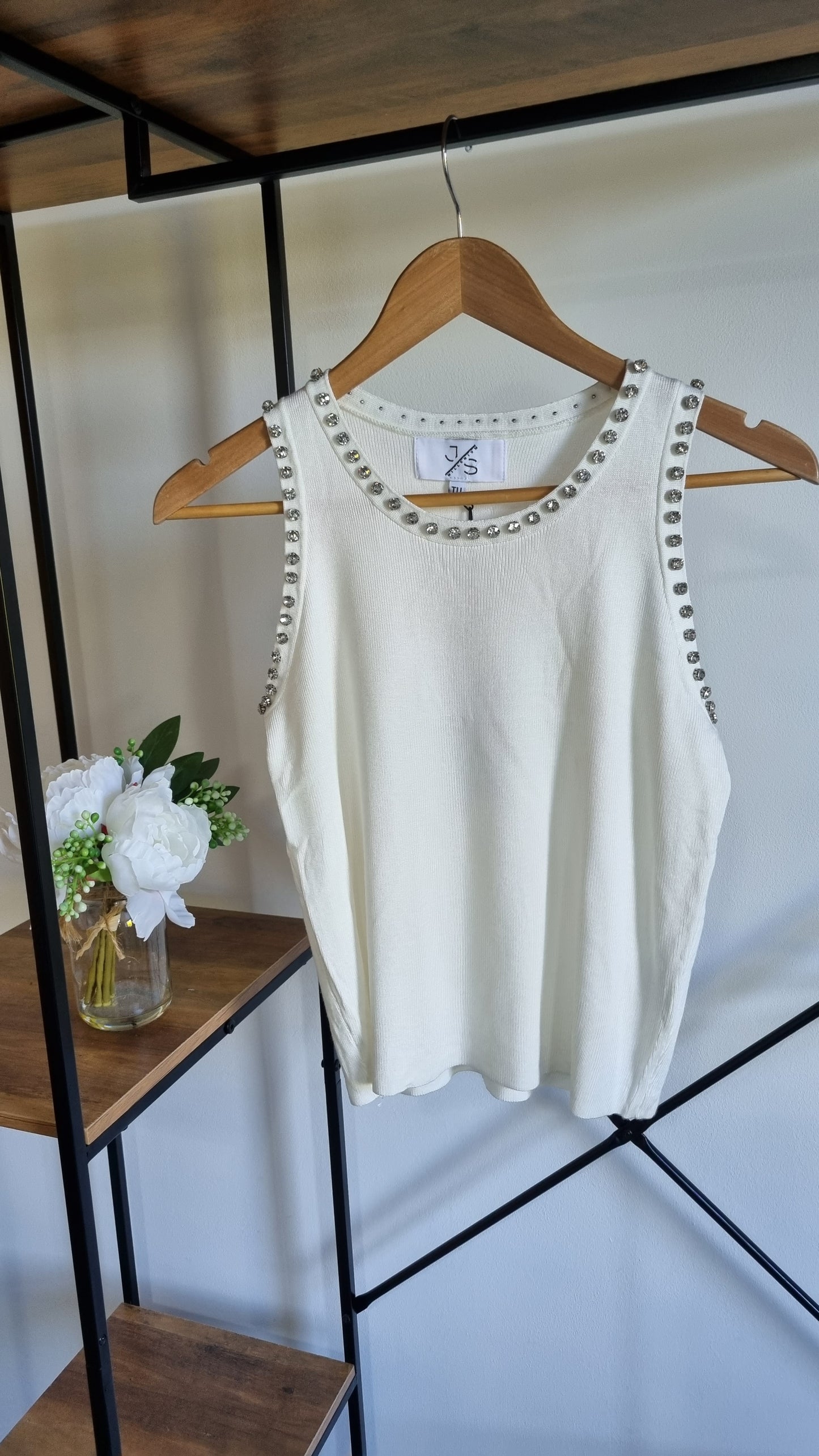 Jolie Diamante Tank Top Off White