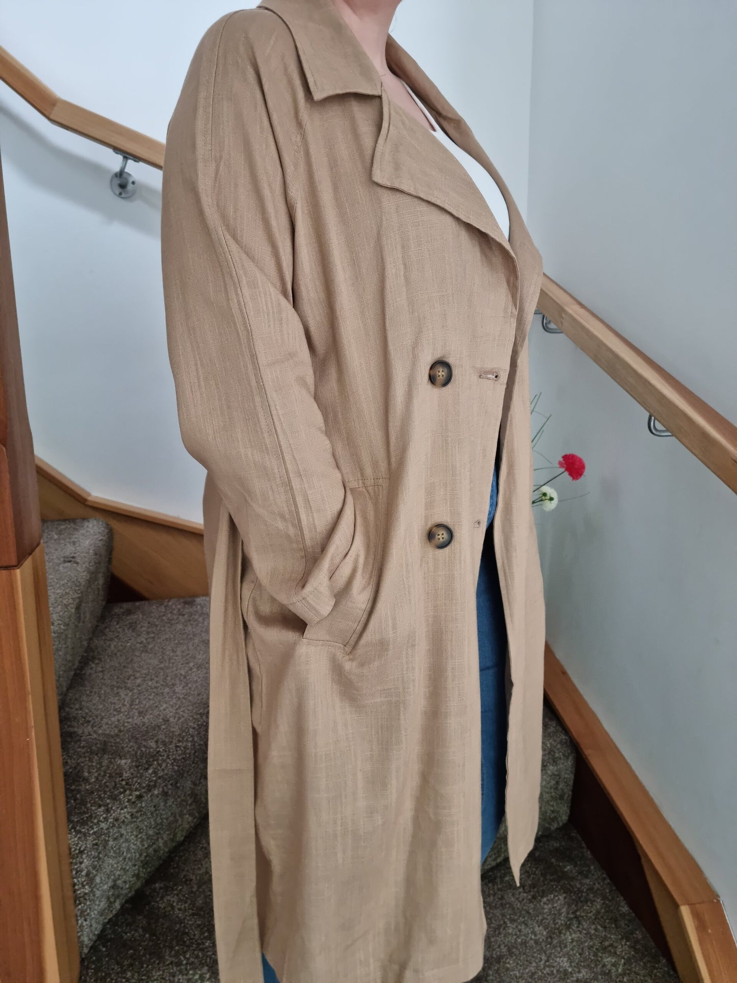 Emily Linen Mix Double Breasted Belted Trench Coat in Camel