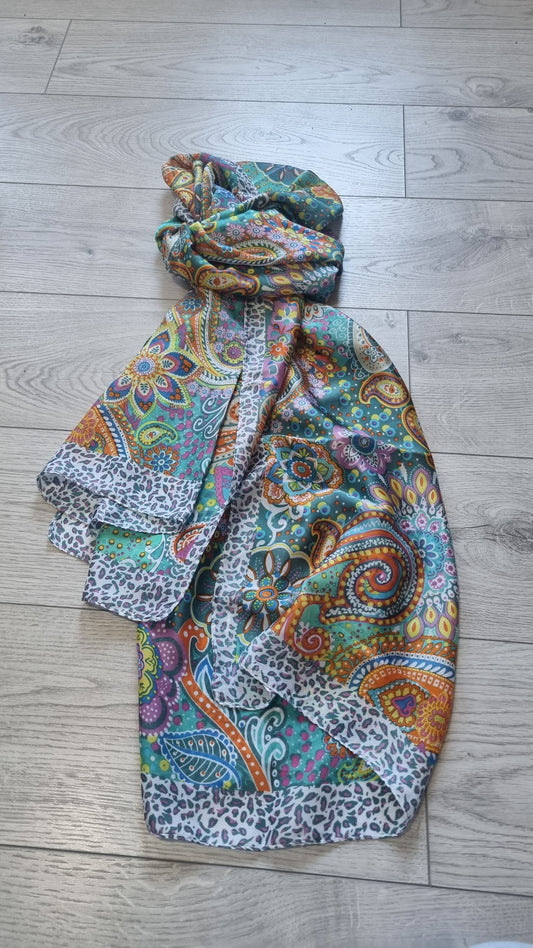 Flossy Large Scarf in Green Multi Print