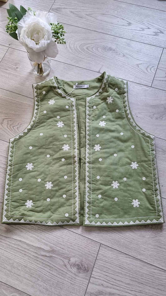 Jazzy Embroidered Daisy Waistcoat Khaki